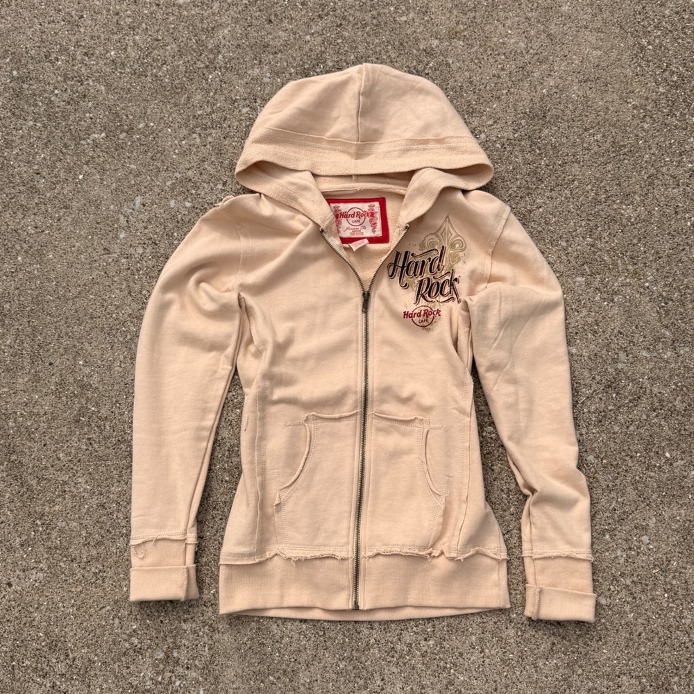 Vintage Hard Rock Cafe Zip Hoodie Medium Tan Excellent All Is One Graphic